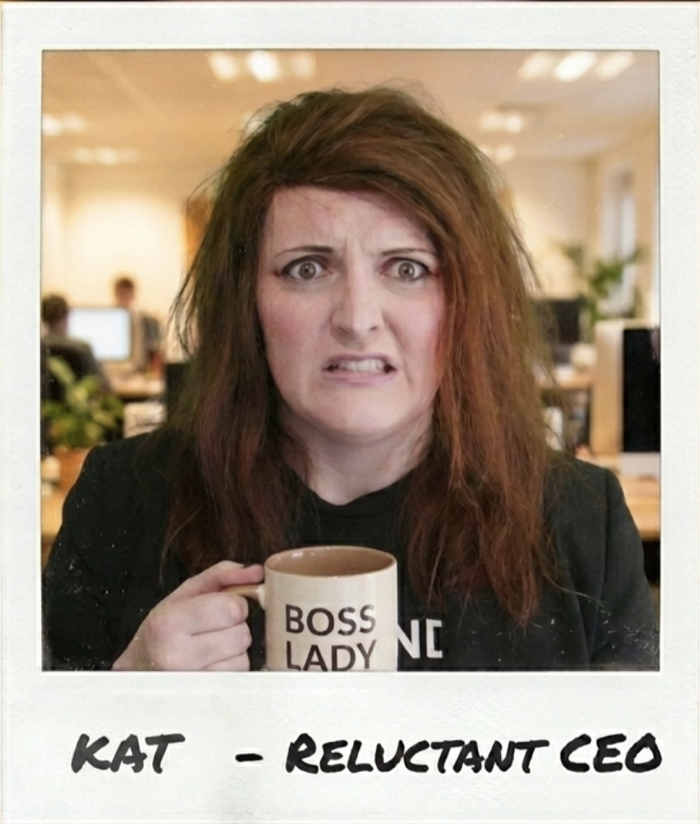 Kat, the reluctant CEO, frowning at the camera while gripping a mug that reads Boss Lady. Captioned: Kat, Reluctant CEO.