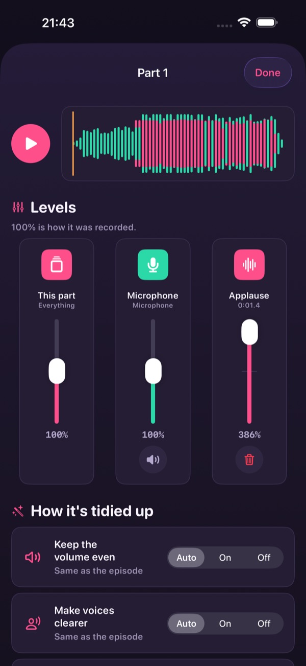 The levels for one part, with every tidy-up switch on Auto